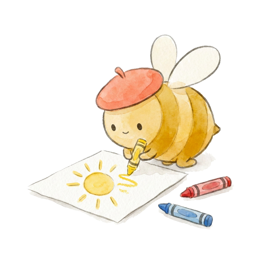 A bee drawing a sun on a piece of paper