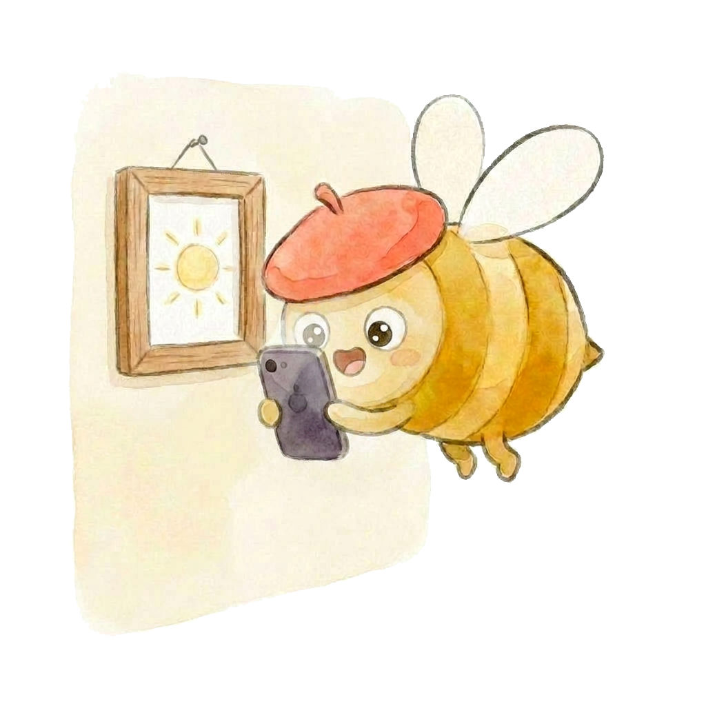A bee looking up at a framed picture on a wall
