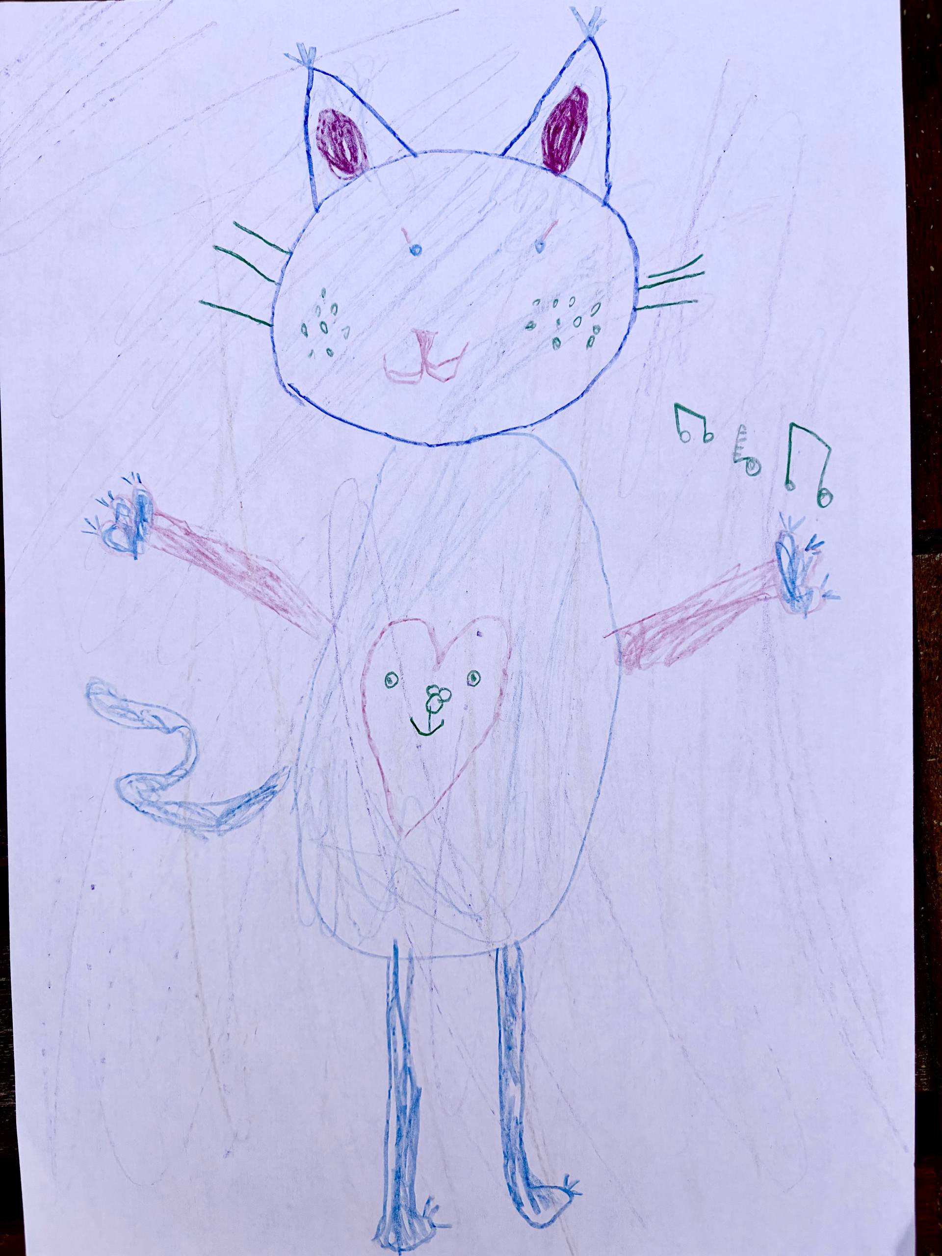 Child's crayon and colored pencil drawing of a standing cat with arms outstretched and a heart-shaped face on her belly, with three green music notes floating to the right