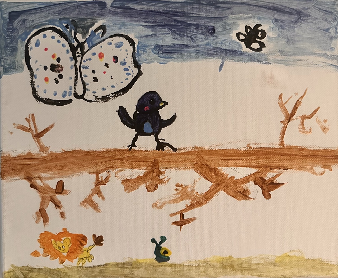 Child's acrylic painting of a busy nature scene with a large white spotted butterfly, a dark bird on a branch, a lion cub, a snail, and bare trees under a dark blue sky